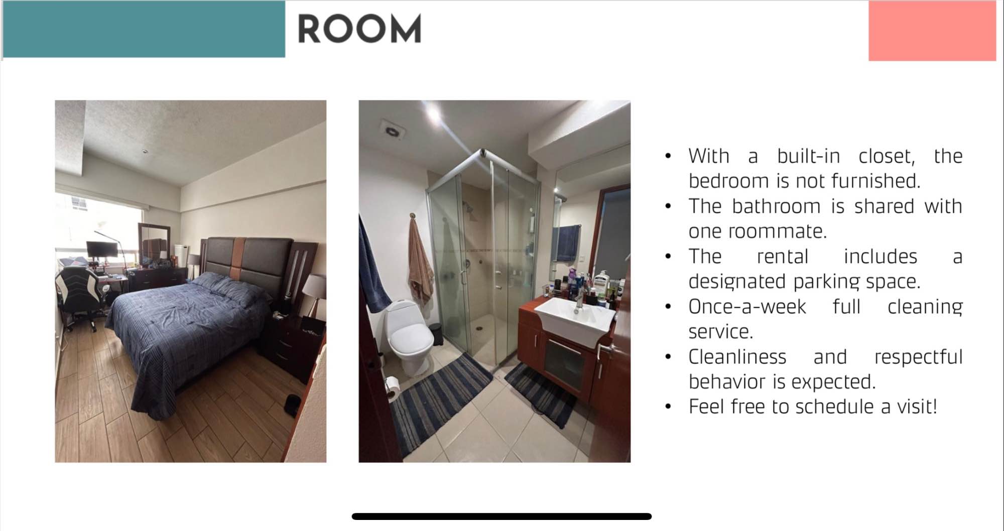 Depa espacioso e iluminado :) compartido con 2 roomies godinez super tranquilos y buena onda
La habitación no está amueblada y el baño es compartido con 1 persona
A una cuadra de distancia tenemos 3 centros comerciales, un parque lineal y muchos comercios, restaurantes, etc