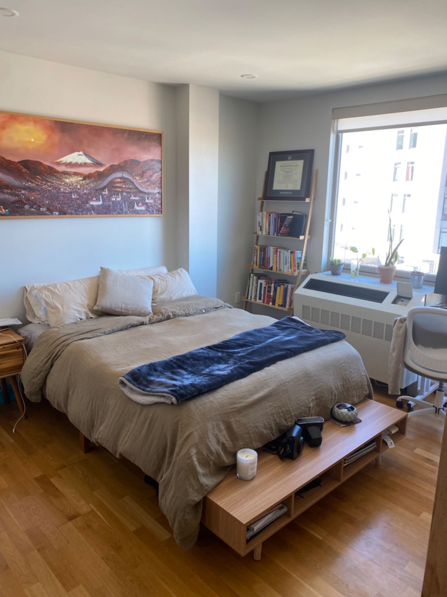 Renting a sun-lit room in the border of Clinton Hill and Bedstuy during the holidays. Less than a block away from the A/C train station - 10 minutes to the Financial District. Full living room, kitchen, and shared bathroom. Apartment shared with only one more person. He is really kind and keeps mostly to himself. Great price and good amenities (gym, laundry in building, and rooftop).