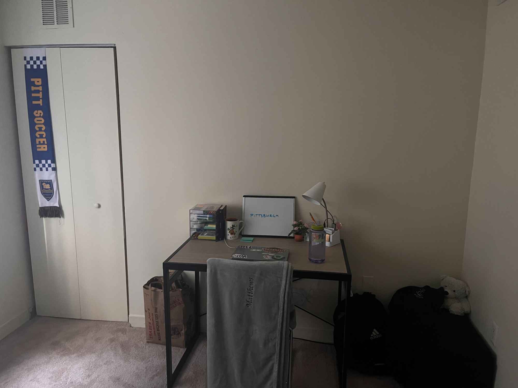 My roommate and I are looking for a third. We are both current students at Pitt. We are generally quiet but friendly! We enjoy exploring Pittsburgh and staying in or going out. The room is about 11x11 ft with an overhead light and closet. Apt has heating and air-conditioning as well as full kitchen. Water, trash, and sewage included in rent. The entire apt is furnished and there is good security in the building. 