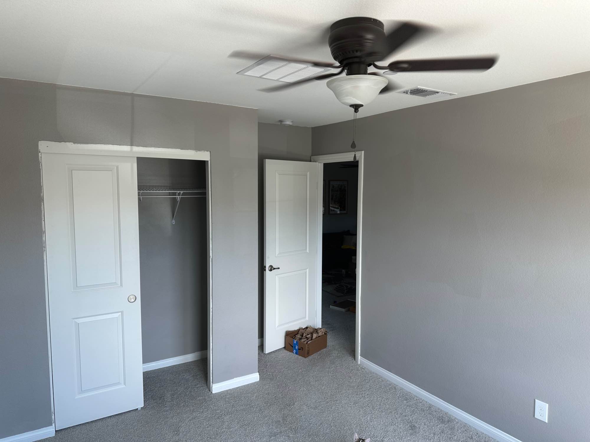 2,100 sf two story house with 4 bed rooms (my room, guest bedroom, office, and your bedroom) in a new community with a lot of hiking trails, parks, pools and sports courts nearby. There’s a fully furnished kitchen, living room and loft that are all communal. Half of the parking garage is available to use for storage or parking. The bedroom and bathroom for rent are accessed off of the loft. There is a backyard, but it’s currently just dirt… it’s too hot out anyway. If you plan to stay for 6+ months then I can get you a pass to access some of the pools.
The room itself is 11’ 9” x 10’ (carpeted) and fits a queen comfortably. There are two closets available, one in the room and one in the office next door. Both are about 6’ long.