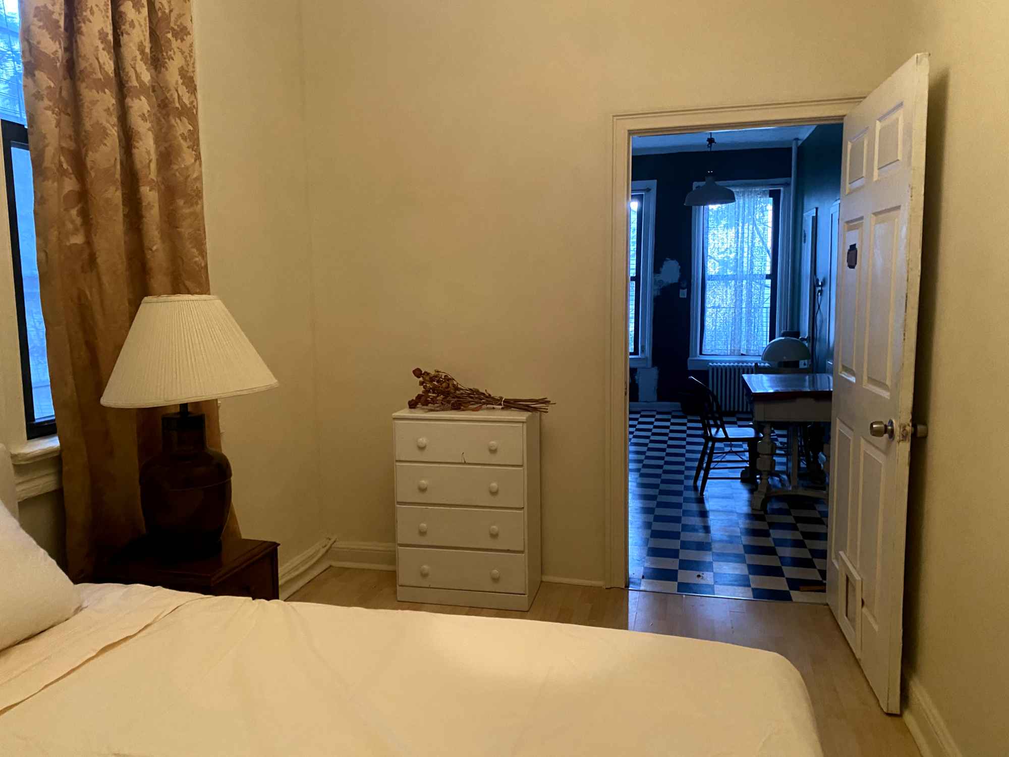 Furnished Room in Quiet Williamsburg Apartment that is 1 Block from the Graham L

A peaceful, furnished room is available in a calm Williamsburg apartment, just one block from the L train. The room is simple and thoughtfully designed with a full bed, dresser, and bedside table, with soft, diffuse natural light throughout the day.

The apartment is quiet and well cared for, shared with one considerate tenant who is often times away. It’s best suited for someone looking for a restful, uncomplicated place to stay — a visiting creative, working professional, or commuter who values privacy and ease.

Shared Spaces
The apartment includes a vintage kitchen with a black-and-white checkered floor, butcher-block counters, and good light. 

The bathroom is clean and thoughtfully maintained, with fresh white towels provided for use.

Rent is $1,950/month, including utilities and Wi-Fi. Month-to-month or short-term stays considered.

If this sounds like a good fit, please share a little about yourself, your schedule, and what you’re looking for in a home.