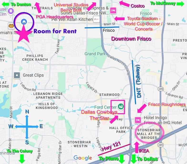 Availability 08/15/25 (possibly sooner). 

WILL REQUIRE BACKGROUND CHECK. 

Room available for rent to a Male. Nice, safe area of Frisco. Wakeland High School district. Quick access to Dallas Parkway Tollway (DNT). Close to all the exciting things offered in Frisco, including the Dallas Cowboys stadium and retail, The Star, FC Dallas at Toyota Stadium, Frisco Roughriders, Omni PGA Resort and Spa, Stonebriar Mall, and the the upcoming Universal Studios Theme Park. 

Newly cleaned carpets, fresh paint and new ceiling fan light with remote control. $750 room for unfurnished (photos of Room B unfurnished are attached). OR $850 room for furnished with Queen bed, dresser / mirror combo, two side tables with lamps, window and closet. (Can send photos if interested in how it looks furnished.) 

Room and bathroom are located at the front of the house and basically in their own separate wing / hall. Will share bathroom with one other male roommate. All utilities included: wifi (business high speed), electric, water, trash. Kitchen is a shared space and you will have cupboards and fridge and freezer space for your use. BONUS: Tenant will have access to a free user profile for streaming services on Netflix, Hulu, Amazon Prime, Paramount Plus and Peacock. 

Will first require a virtual interview to ensure good fit. If we move forward, you will be required to pay $100 for the application fee / background check / lease paperwork. $200 Move-In deposit to be refunded after six months rental. TWELVE MONTH lease. Currently seeking male renter only. Can also e mail directly if interested at gee mail. Cosmoscarey