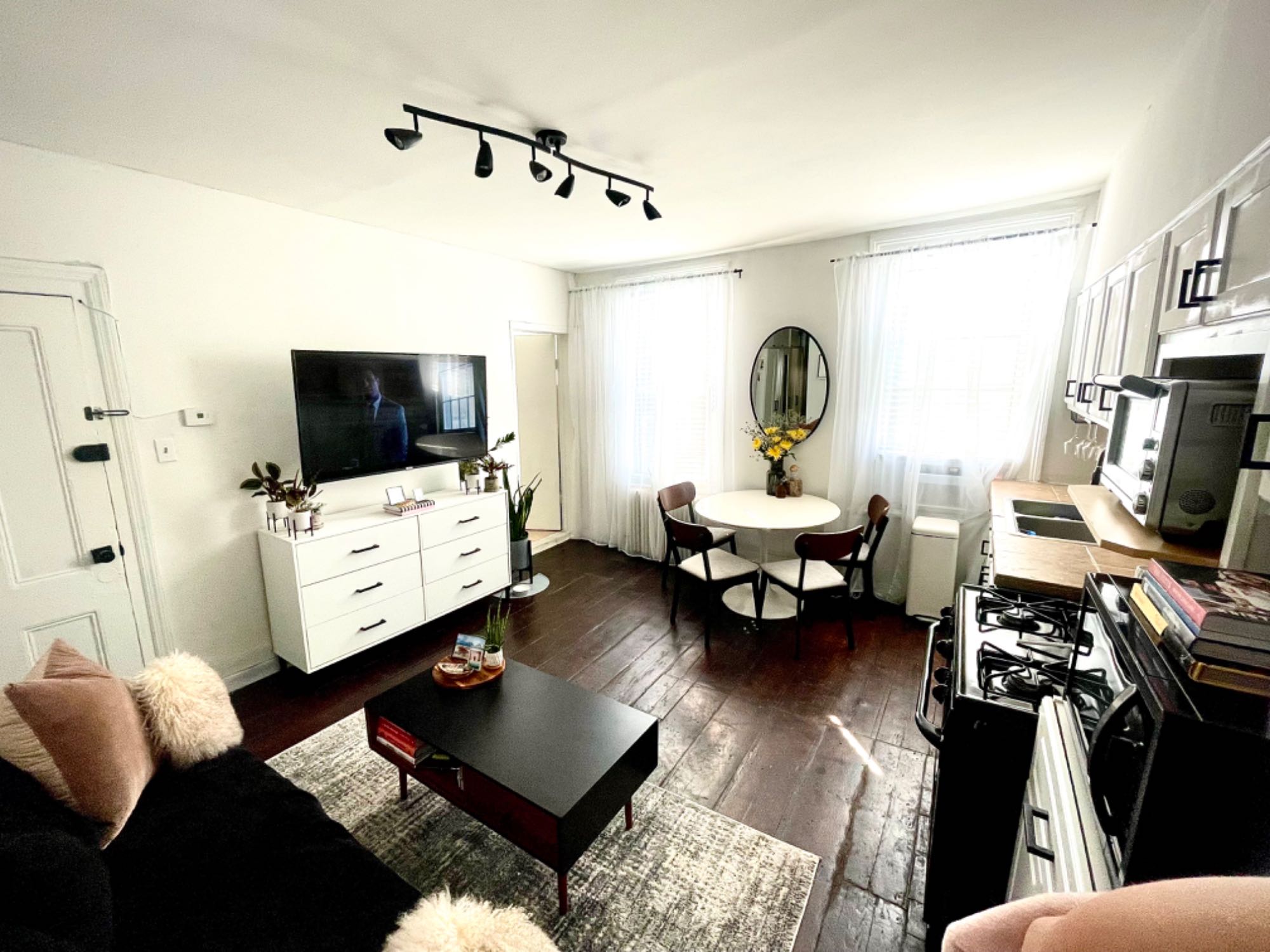 Our shared space is clean; we don't wear shoes at home (gross city crap), we do have a shoe storage in the hallway, the pup's paws get washed each time we come home from outside, he is fully house trained. There is great storage in the apartment. The available bedroom fits a full-size bed, queen, if you wanted to, desk or dresser. The apartment is on the second floor of a walk-up (technically 3rd because there is commercial space under however just 2 flights of stairs). We don't party, we get up early and are pretty healthy, if you smoke, party its not a place for you.