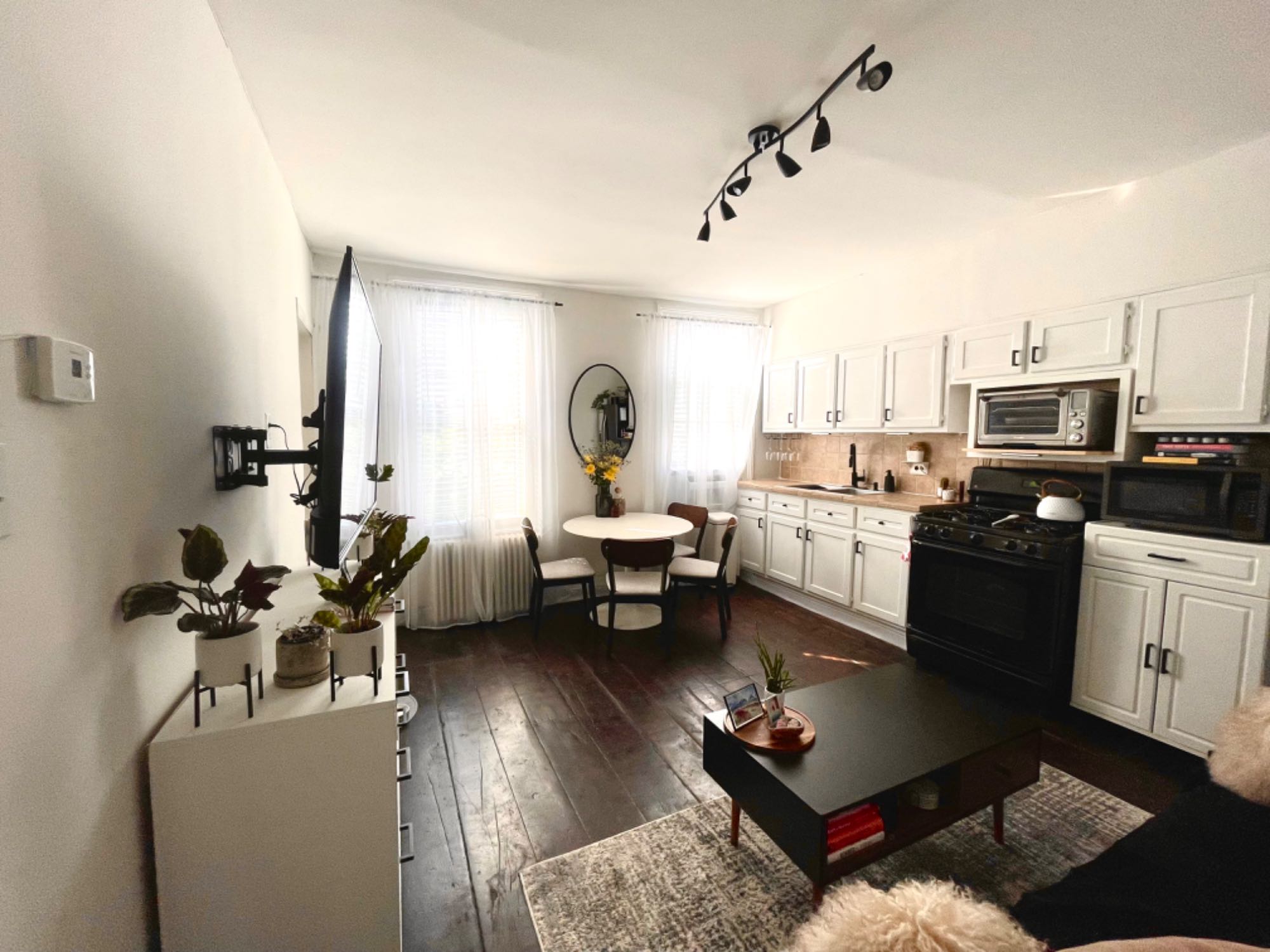 Our shared space is clean; we don't wear shoes at home (gross city crap), we do have a shoe storage in the hallway, the pup's paws get washed each time we come home from outside, he is fully house trained. There is great storage in the apartment. The available bedroom fits a full-size bed, queen, if you wanted to, desk or dresser. The apartment is on the second floor of a walk-up (technically 3rd because there is commercial space under however just 2 flights of stairs). We don't party, we get up early and are pretty healthy, if you smoke, party its not a place for you.