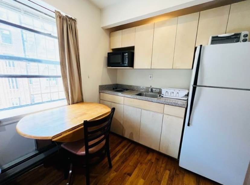 Studio apartment in Elevator building with Laundry onsite. Furnished studio with all utilities included in the rent. 
Hardwood floors, separate large bathroom and closet plus Air Conditioner.
