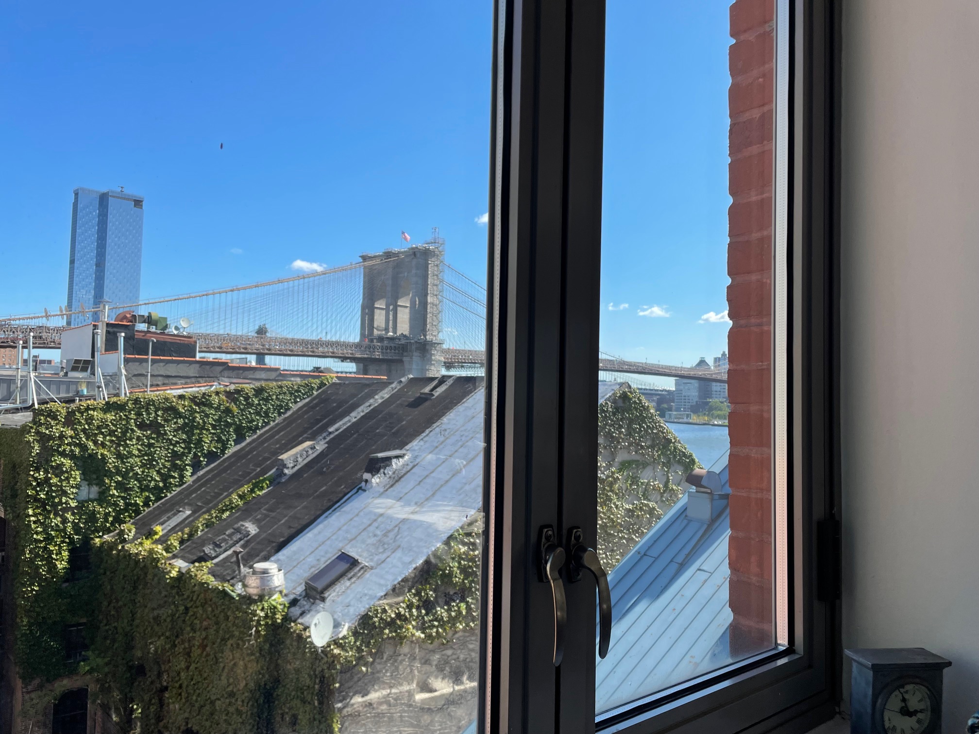 Large, private bedroom with ensuite bathroom available in modern 2BR/2BA in Downtown Manhattan's Historic South Street Seaport. Bedroom has closet space and great natural light via north- and east-facing windows, including directly overlooking the building's private courtyard. Apartment is on a high floor and features central A/C, in-unit washer/dryer, private outdoor space and new finishes throughout. Building is set back from the street but just steps from the Historic South Street Seaport's dozens of options for shopping, dining and entertainment, while also less than a 10-minute walk to the heart of the Financial District and subways connecting the entire city at Fulton Street. 

*FLEXIBLE ON DURATION OF STAY AND MONTHLY RENT*
*CAN PROVIDE ROOM EMPTY OR PARTIALLY FURNISHED, AS DESIRED*

BEDROOM:
• 12' x 11' room, large enough to fit king size bed, dresser and desk
• Full modern private ensuite bathroom, including toilet, sink, and full tub/shower
• 3.5' wide closet with bar for hanging clothes and shelf above
• Northern-facing views of the Brooklyn Bridge as well as eastern-facing views of DUMBO beyond Pier 17 and across the East River
• Personal thermostat / in-room climate control

APARTMENT:
• Almost 1,100 square feet total, including massive kitchen and living room
• Open chef's kitchen with volcanic stone counters, stainless steel appliances and dishwasher
• In-unit washer/dryer
• Southern-facing outdoor balcony
• Central air
• Hardwood floors throughout
• Elevator building
• Private courtyard accessible only by Historic Front Street Complex residents
• Floor-to-ceiling windows that provide incredible natural light and southern and northern exposure
• Helpful and responsive management staff always on-site

LOCATION / NEIGHBORHOOD:
• Set back from the street on a high floor, this apartment is incredibly spacious and quiet but just steps from the renovated Historic South Street Seaport with dozens of options for shopping, dining and entertainment
• One block off the water by Pier 17; one block from Old Mates; across the street from iconic institutions such as the former Fulton Fish Market (now an IPIC movie theater and The Lawn Club) and Jeremy's Ale House
• Ideal for walking to the Financial District, World Trade Center, Tribeca, City Hall, Battery Park, Pace University, Chinatown, Two Bridges or parts of SoHo and the Lower East Side
• 10 minute walk to Wall St / heart of the Financial District (NYSE, Stone St, etc.)
• 10 minute walk to most subways at Fulton Street or Brooklyn Bridge / City Hall (A, C, E, J, R, W, Z, 2, 3, 4, 5, 6), where trains go up both the east and west side of Manhattan (20-25 minutes to Penn Station or Grand Central)
• 8 minute walk to Wall St / Pier 11 (most active ferry dock in the city, with routes up and down the East River and across New York Harbor connecting all 5 boroughs, as well as routes to NJ's Edgewater Landing and Weehawken)
• Areas including Brooklyn Heights, DUMBO, Downtown Brooklyn, Vinegar Hill, Cobble Hill and Red Hook are also all just a single ferry stop or walk across the Brooklyn Bridge away.
• For frequent air travelers: 25 minute drive to LGA, 30 minutes to EWR, 45 minutes to JFK.

ROOMMATE:
• 34 year-old male working professional
• Hybrid work schedule (typically in office 2-3 days / week)
• Generally easygoing, frequently out socializing and being active in evenings and on weekends but also value my personal time and space