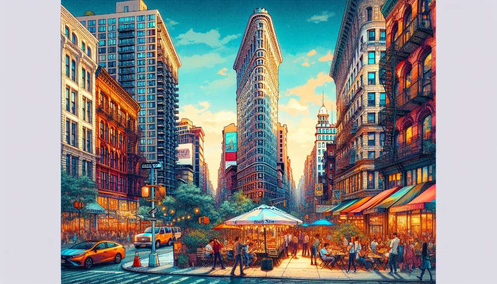 A vibrant street scene in Flatiron District