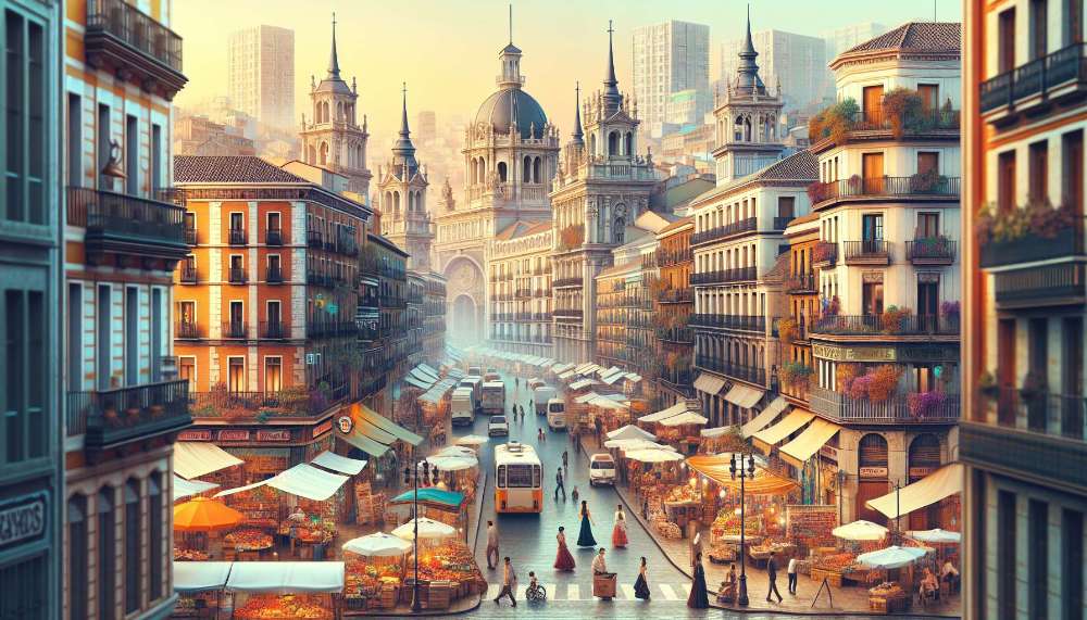 A vibrant street scene in Spain