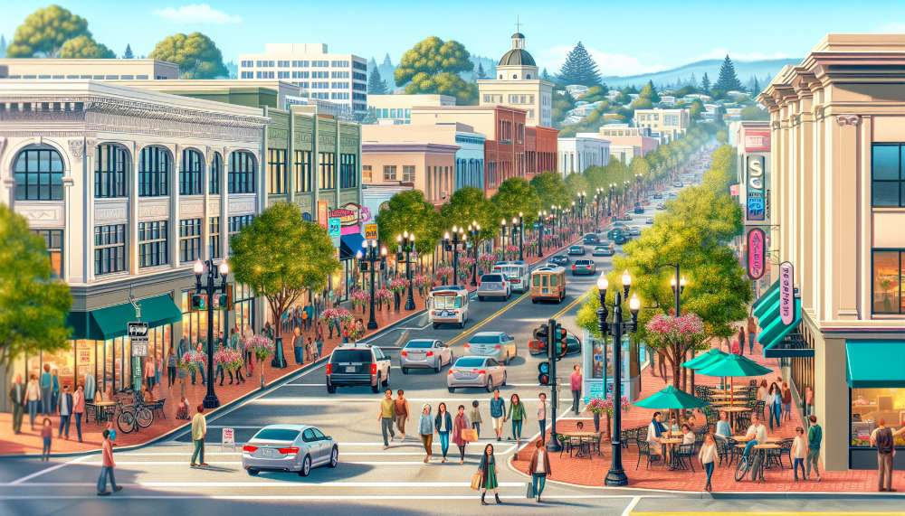 A vibrant street scene in San Mateo