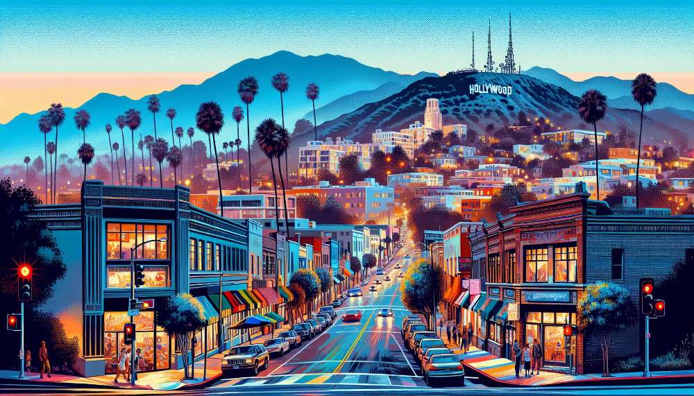 A vibrant street scene in Hollywood Hills West