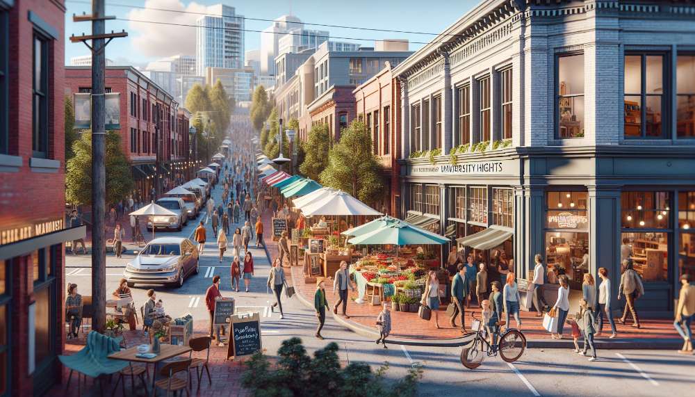 A vibrant street scene in University Heights