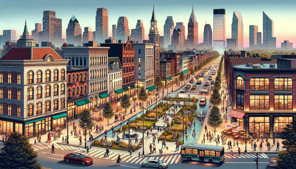 A vibrant street scene in Downtown Jersey City