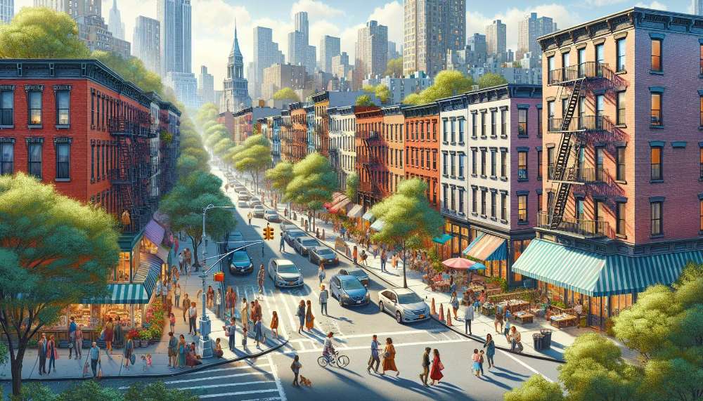 A vibrant street scene in Brooklyn Heights