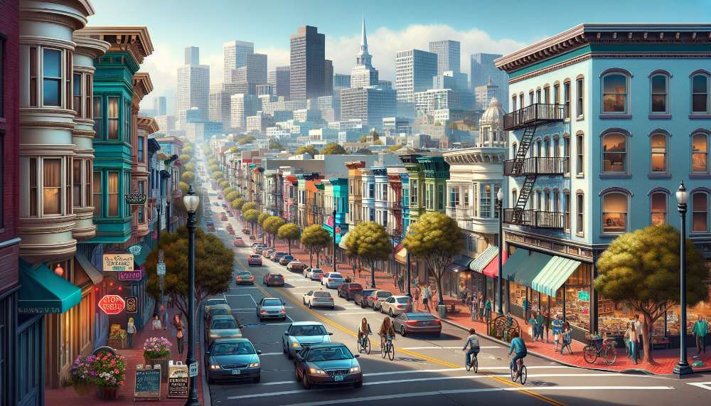 A vibrant street scene in San Leandro