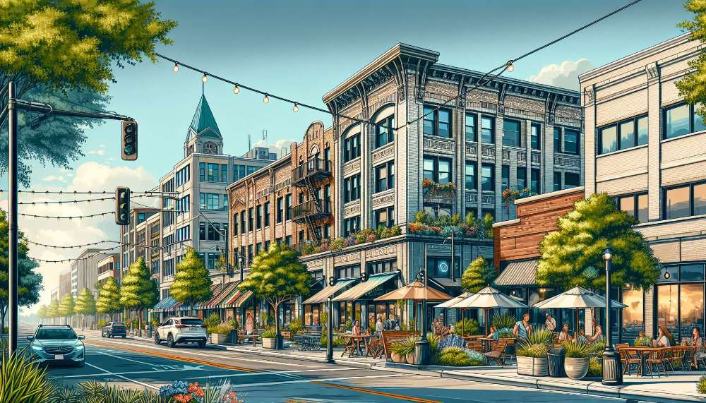 A vibrant street scene in Southside Park