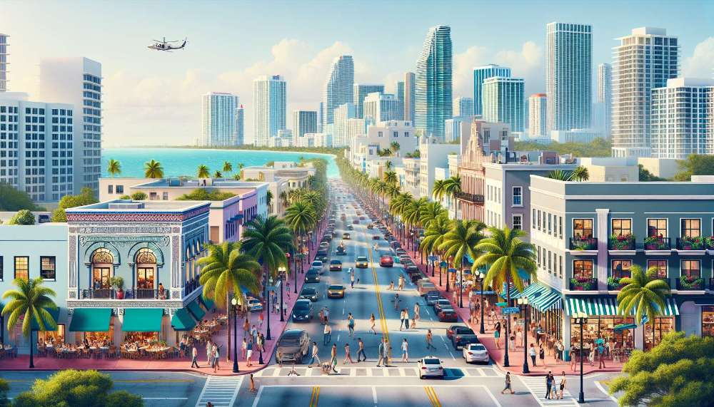 A vibrant street scene in Downtown Miami