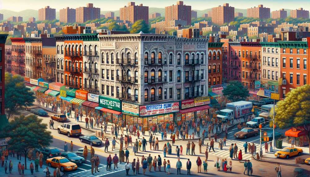 A vibrant street scene in Westchester Square