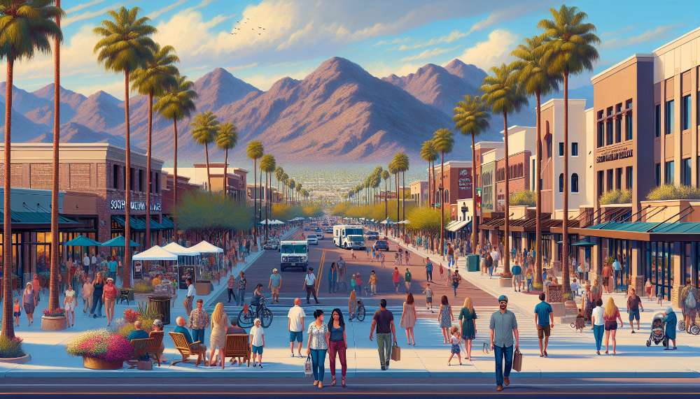 A vibrant street scene in South Mountain Village