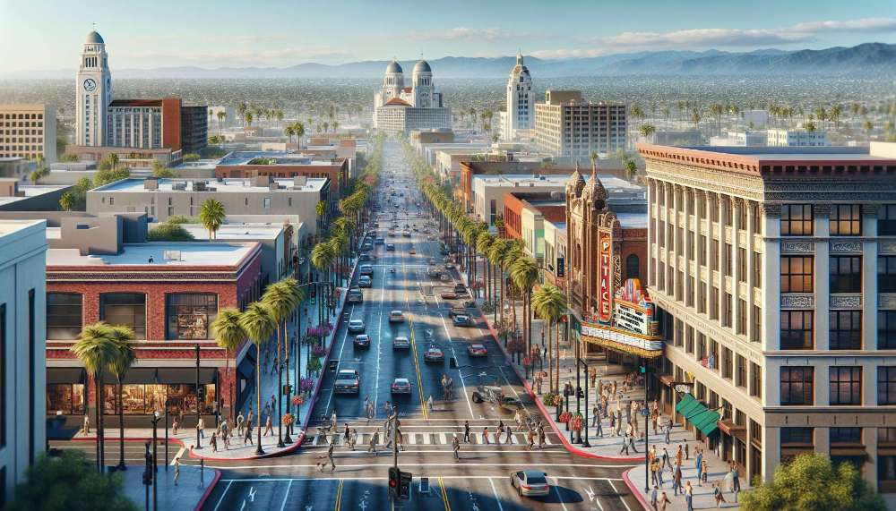 A vibrant street scene in Pomona