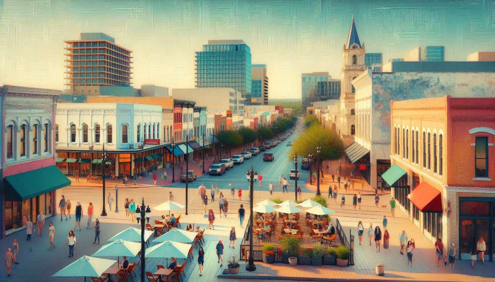 A vibrant street scene in San Marcos