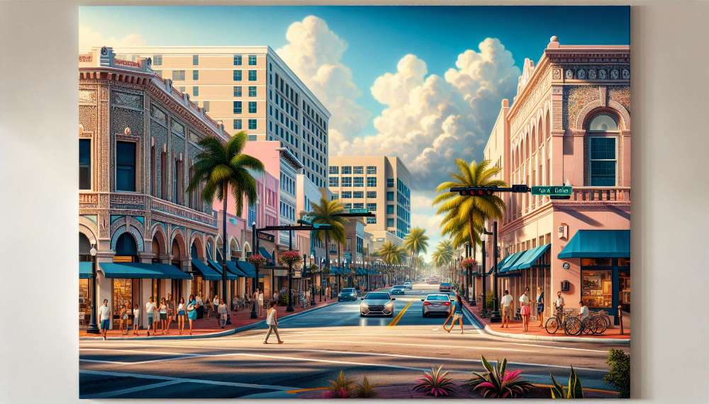 A vibrant street scene in Coral Gables