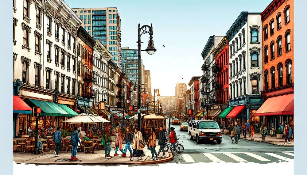 A vibrant street scene in Hoboken