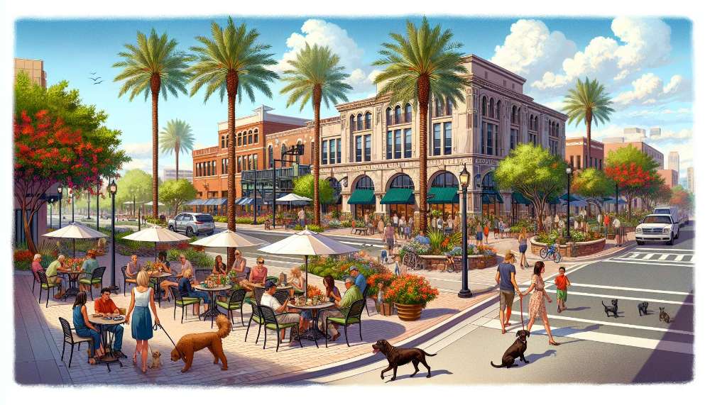 A vibrant street scene in Palm Valley