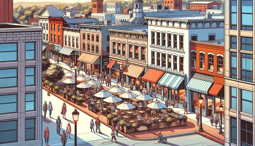 A vibrant street scene in Edgewood