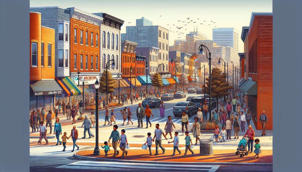 A vibrant street scene in East Arlington