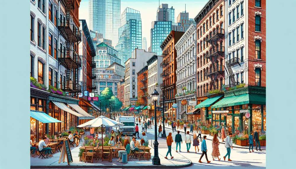 A vibrant street scene in Tribeca