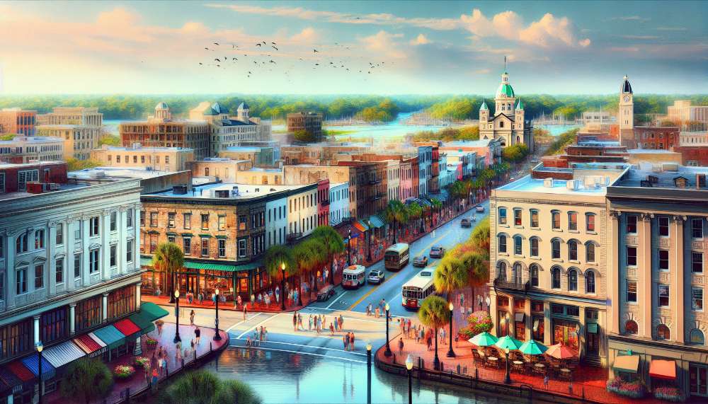 A vibrant street scene in Savannah