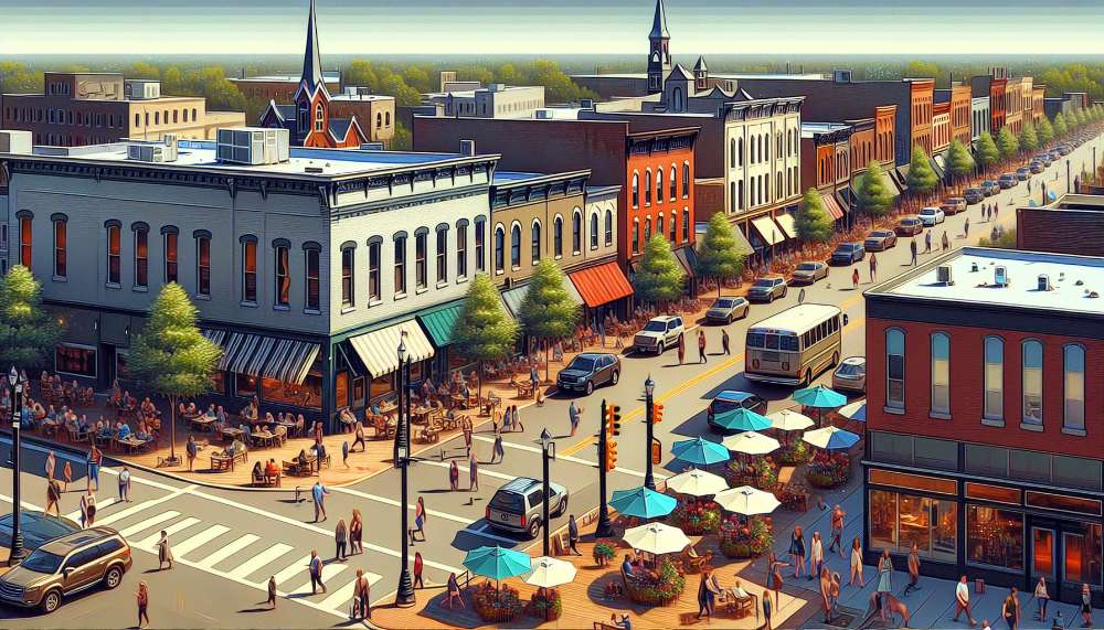 A vibrant street scene in Bloomington