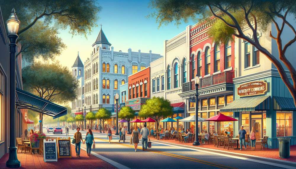 A vibrant street scene in University Commons