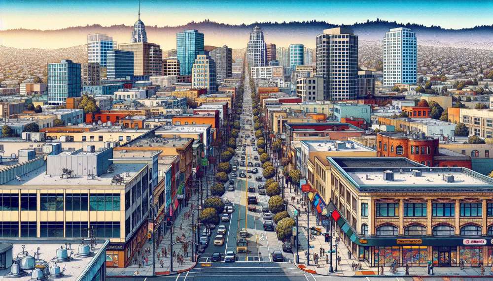 A vibrant street scene in Emeryville