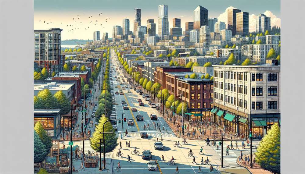 A vibrant street scene in Northeast Seattle