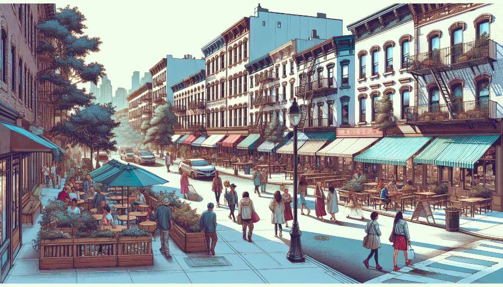 A vibrant street scene in Ridgewood