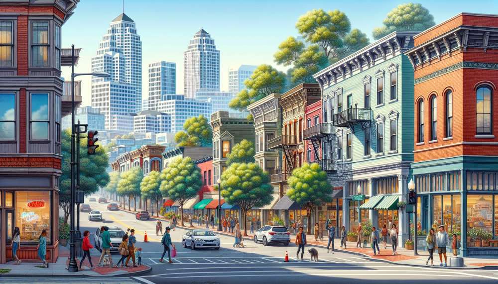 A vibrant street scene in West Alameda