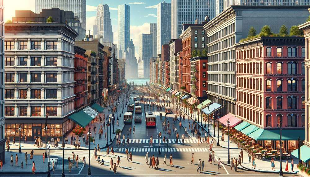 A vibrant street scene in Seaport