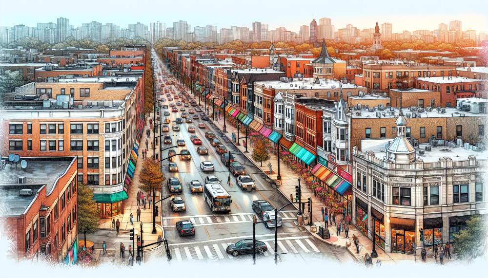 A vibrant street scene in Oak Park