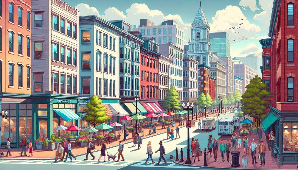 A vibrant street scene in Oak Square