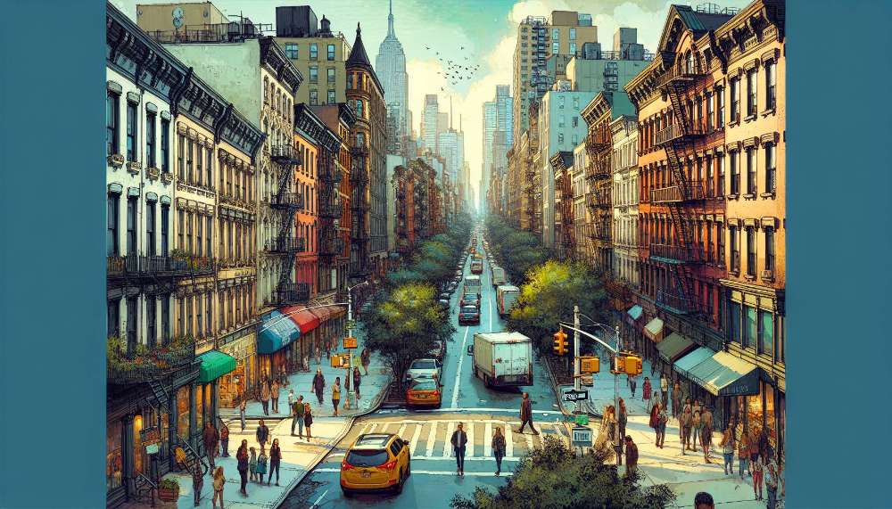 A vibrant street scene in NoHo