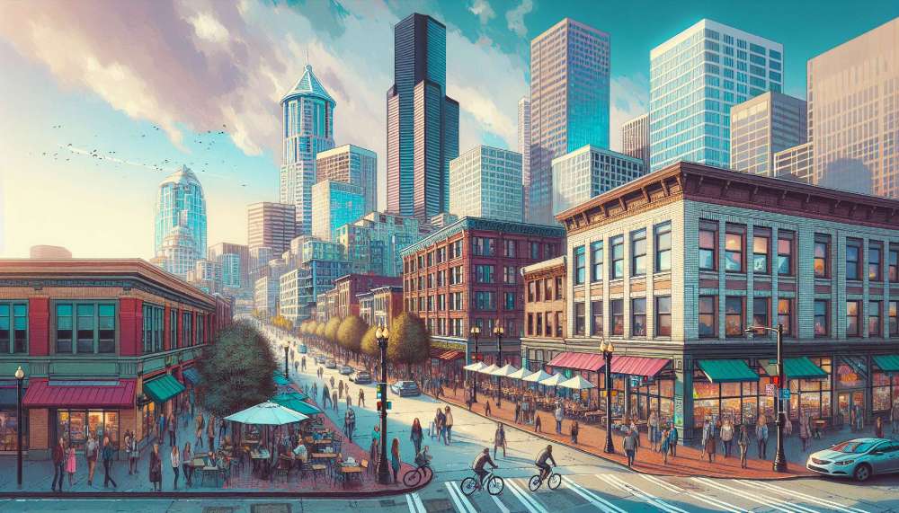 A vibrant street scene in Downtown Seattle