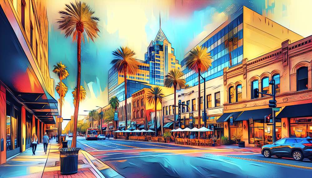 A vibrant street scene in Amber Palms