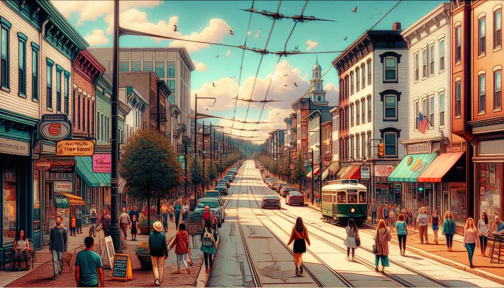 A vibrant street scene in Thorofare