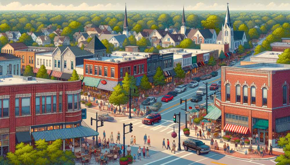 A vibrant street scene in Webster Groves