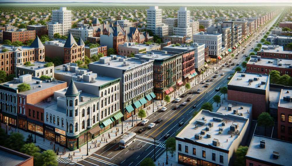 A vibrant street scene in West New York