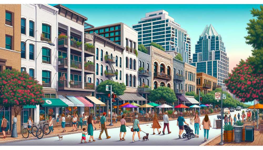 A vibrant street scene in Mueller