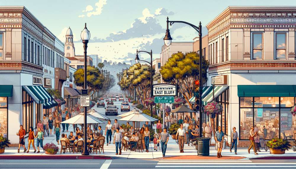 A vibrant street scene in East Bluff