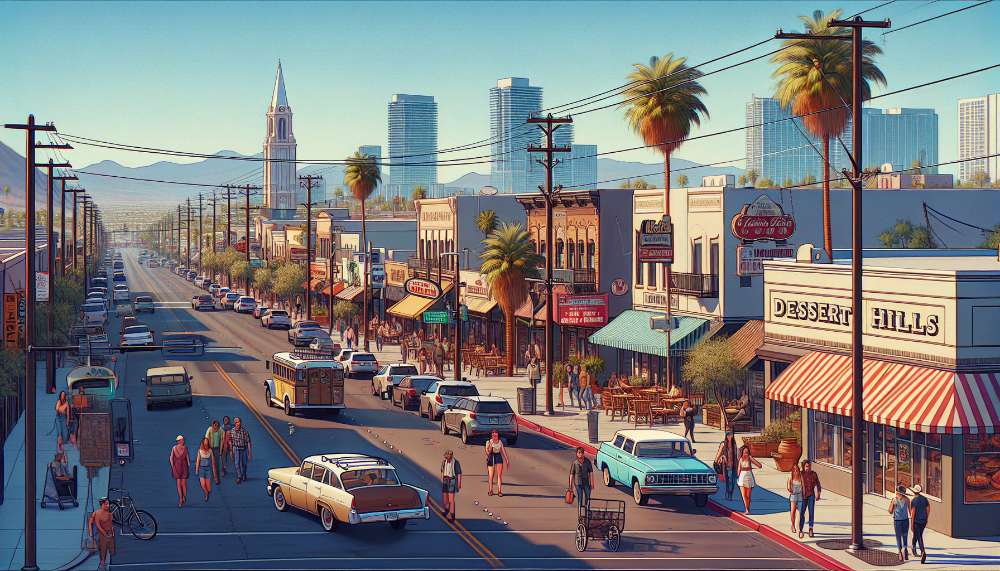 A vibrant street scene in Desert Hills