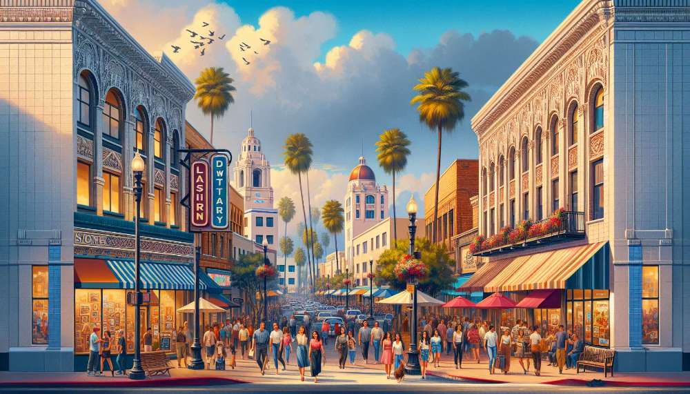 A vibrant street scene in San Bernardino